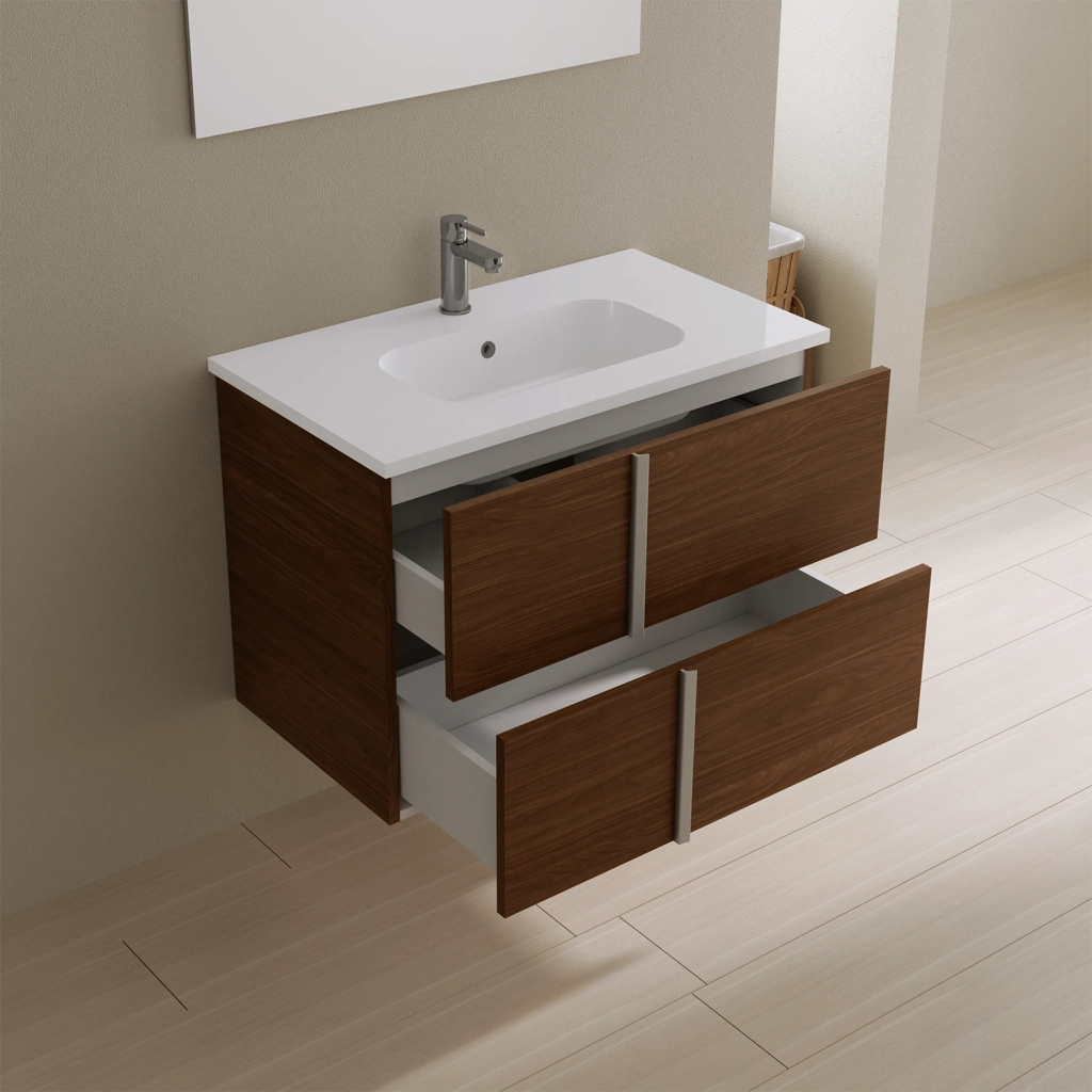 Mobile da bagno sospeso 100cm noce scuro con lavabo e specchio | Hoia