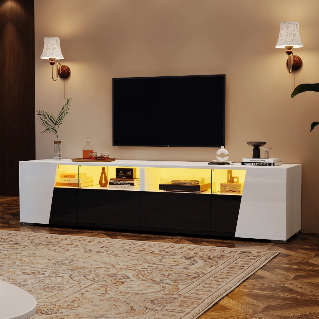 Mobile porta tv con led 2 ante 2 cassetti 4 vani aperti per soggiorno in mdf e vetro bianco e nero 180 × 38,5 × 45 cm