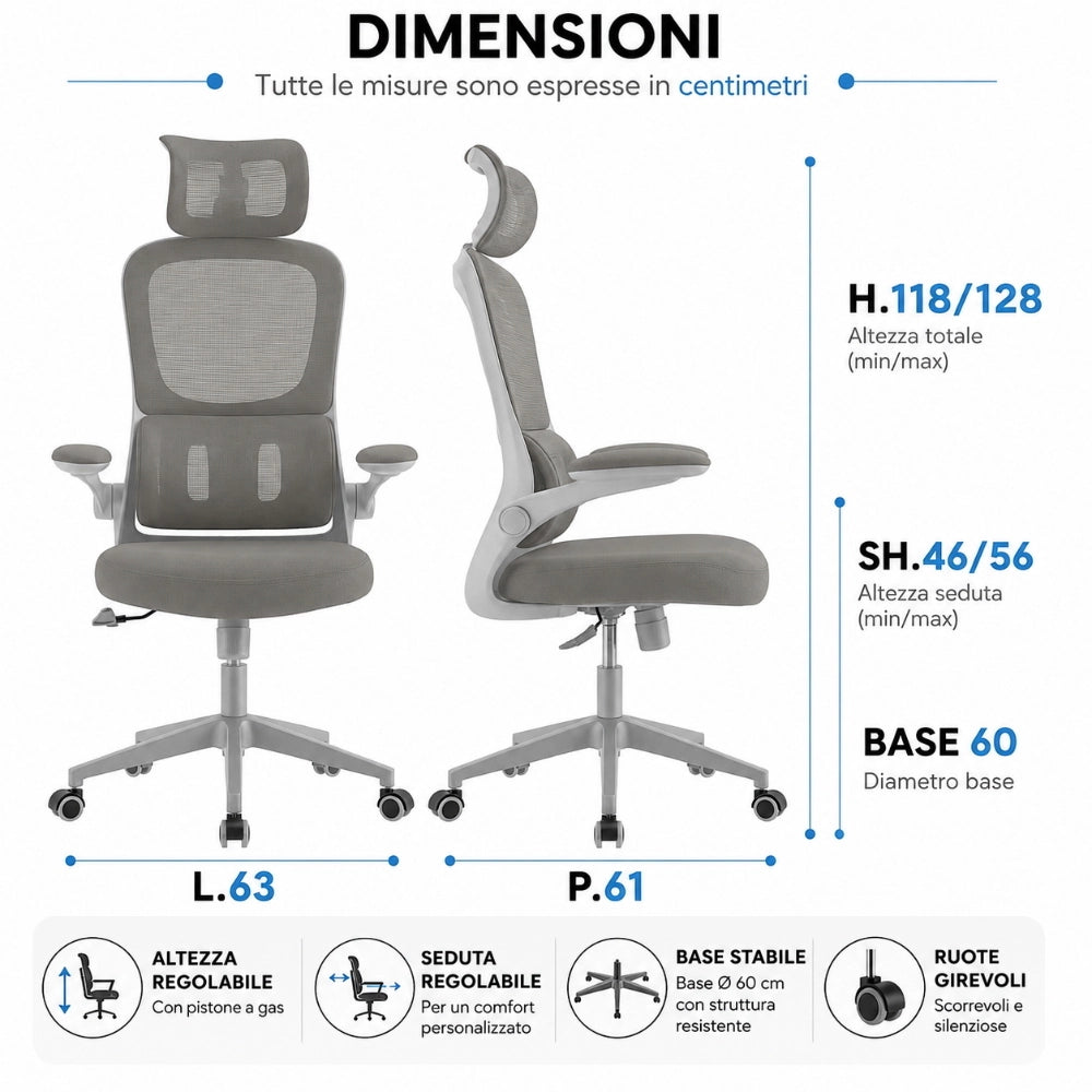 Sedia da Scrivania Ufficio ergonomica Con Poggiatesta imbottita Schienale a rete Bianca BUDAPEST