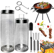 Grill a rotante, maniglia rimovibile, acciaio inossidabile, accessori BBQ, cilindrico