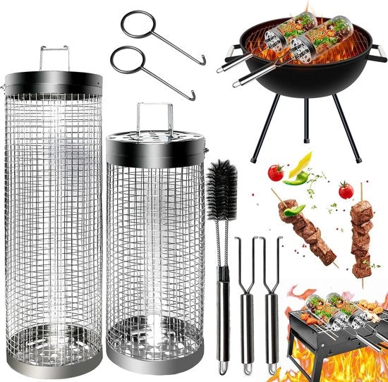 Grill a rotante, maniglia rimovibile, acciaio inossidabile, accessori BBQ, cilindrico