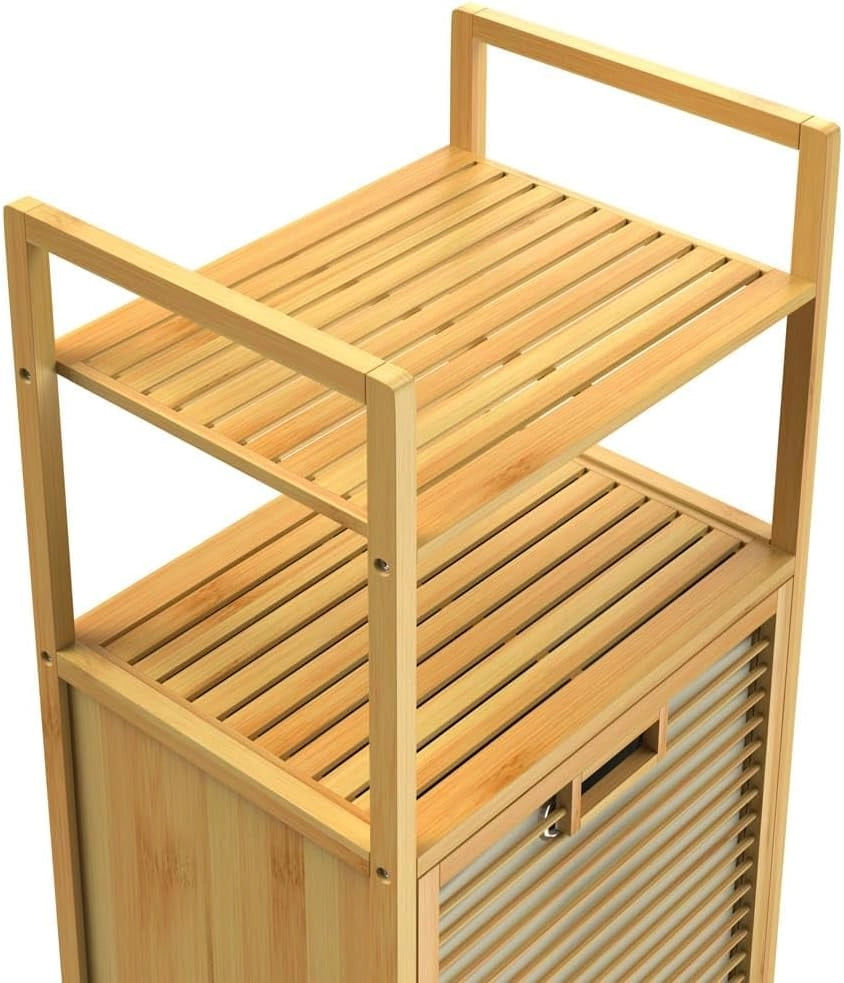Mobile da Bagno con Cesta per Biancheria 36l Armadietto in Bambù 2 Ripiani con Cesto Panni Mobiletto Portabiancheria 95x40x30cm