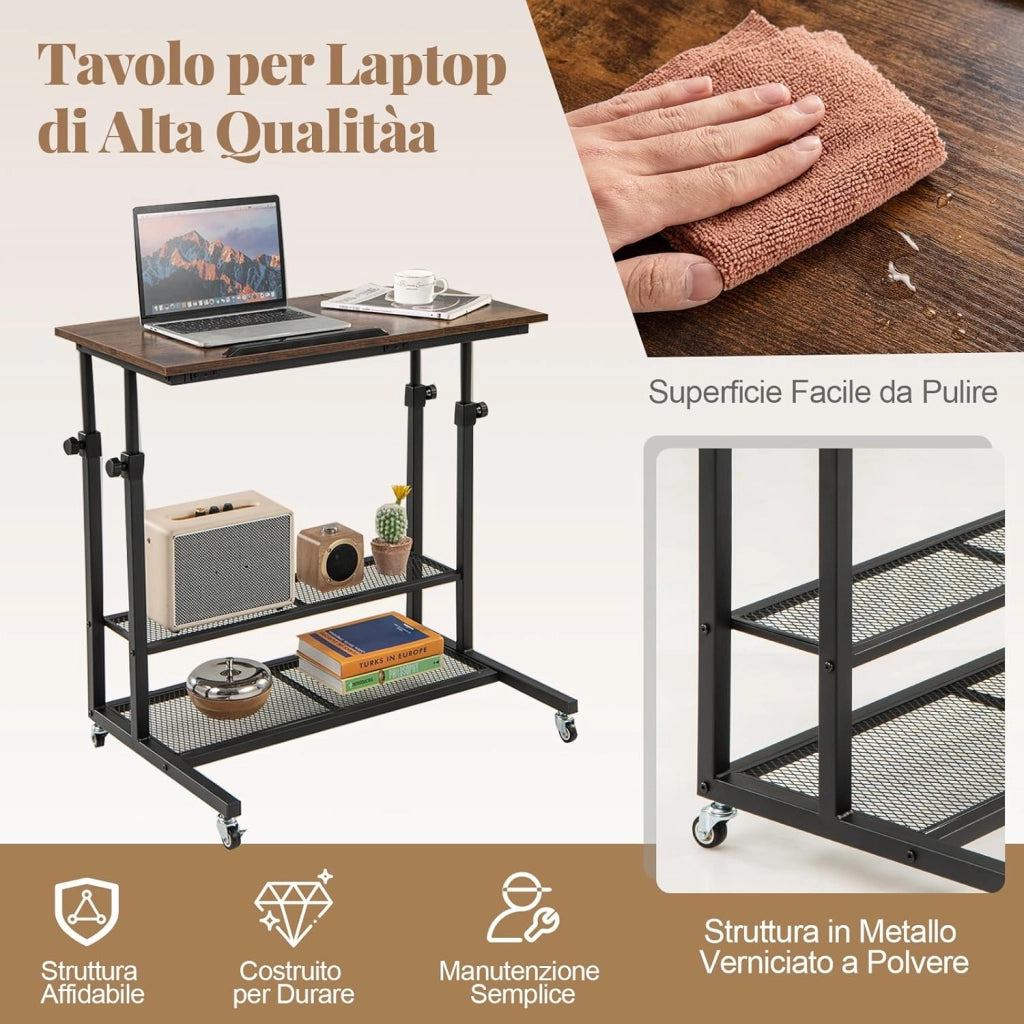 Tavolino da Divano e Letto, Tavolo Regolabile in Altezza con Ruote Bloccabili, Piano Inclinabile e Mensole Portaoggetti, Mobile Versatile per Salotto, Camera da Letto