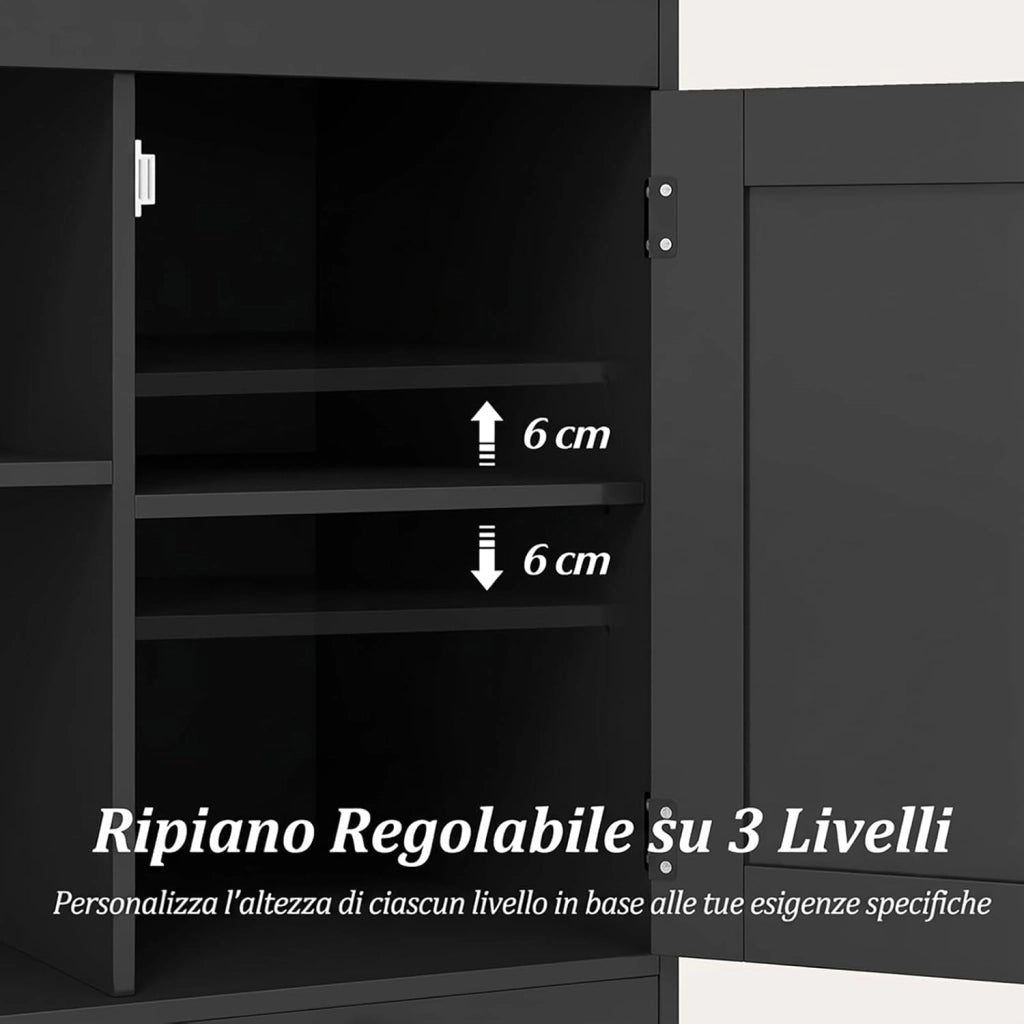 Tavolino Laterale da Salotto, Comodino Rustico con Stazione di Ricarica, Ripiano Regolabile e Porta da Fienile, Tavolino Versatile per Camera da Letto e Soggiorno (Nero)