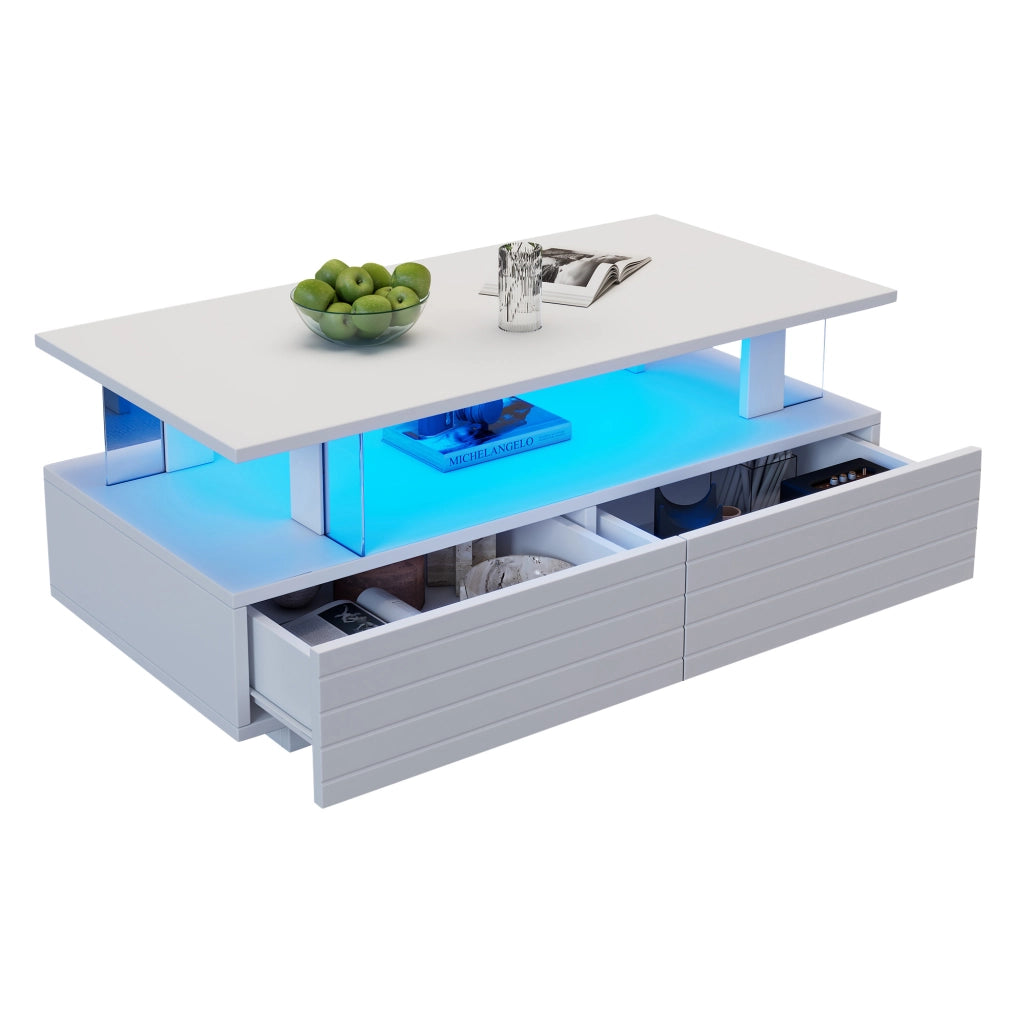 Tavolino da caffè LED bianco 100x50x42 cm con 2 cassetti