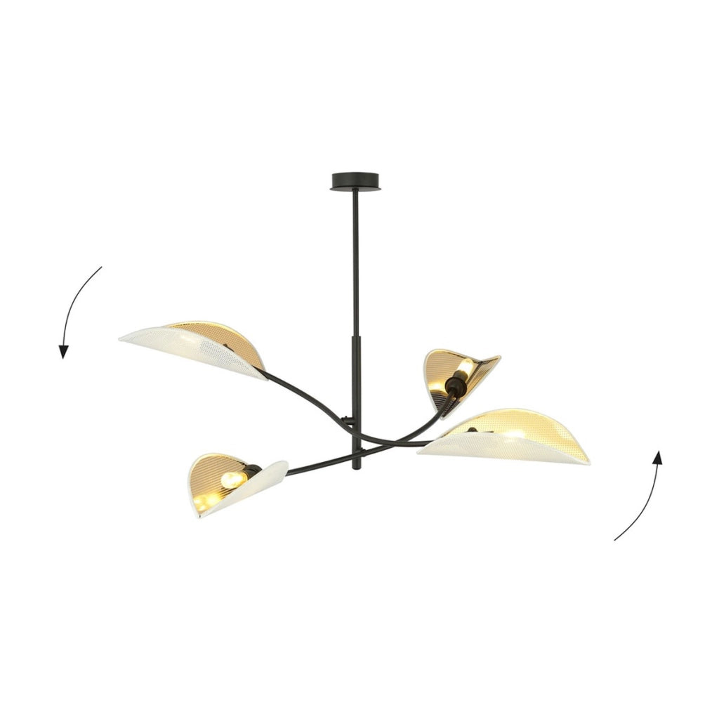 Lampada a sospensione Lotus in acciaio nero e paralumi bianco e oro