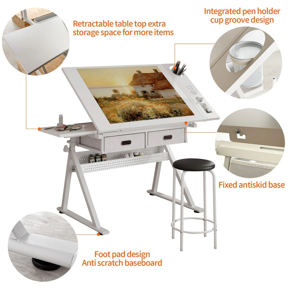 Scrivania da Disegno Regolabile con 2 Cassetti e Sgabello ¨C Xylo ¨C Bianco