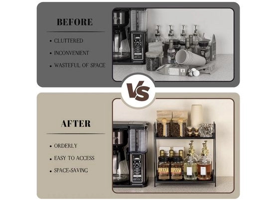 Organizzatore caffè, accessorio e organizzatore per bar caffè, in legno, mobile per caffè, tavoli di lavoro, griglia per spezie, 2 piani, caddy caffè per cucina, casa, ufficio, nero