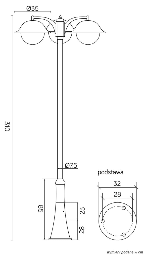 Lampione da giardino 310cm 3xE27 nero IP43 SU-MA Prince