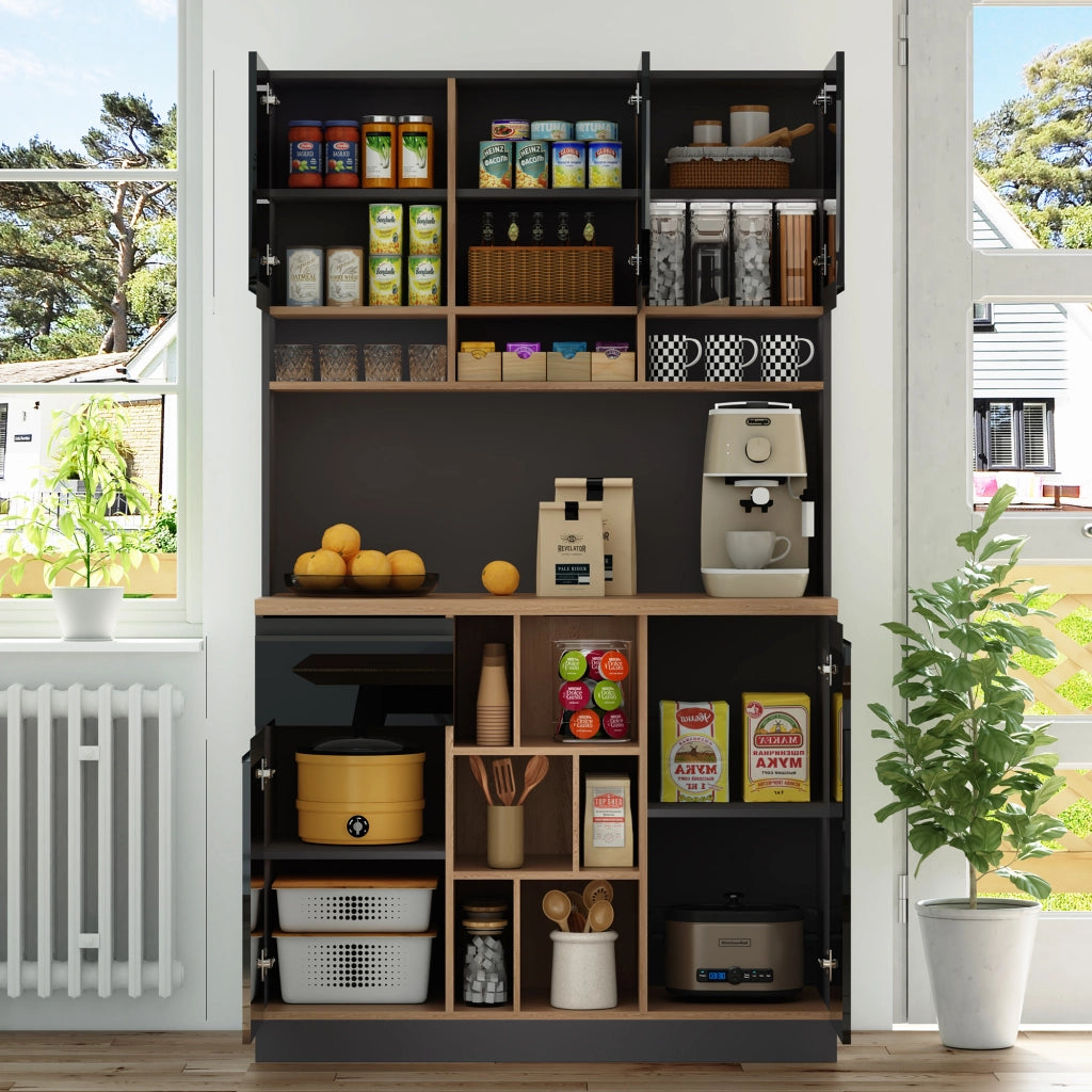Credenza alta con ante, cassetto e vani aperti, per cucina moderna, in MDF nero naturale, 105 × 45 × 185 cm