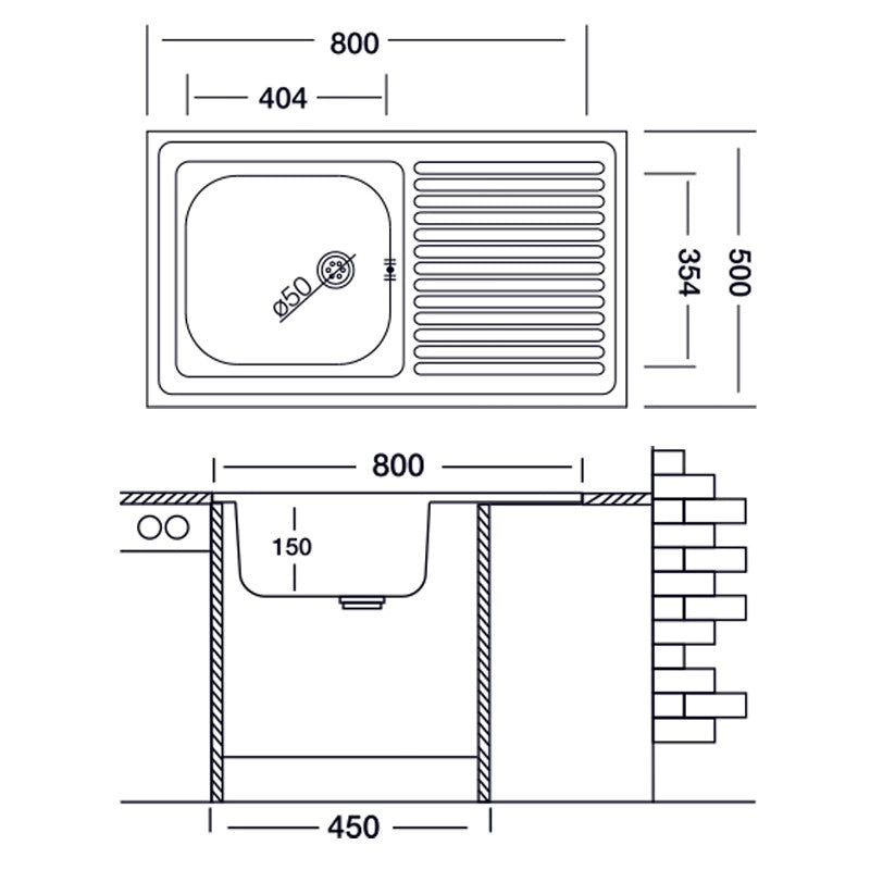 Lavello cucina vasca con gocciolatoio dx in acciaio da appoggio 50x80 cm(N216DX)