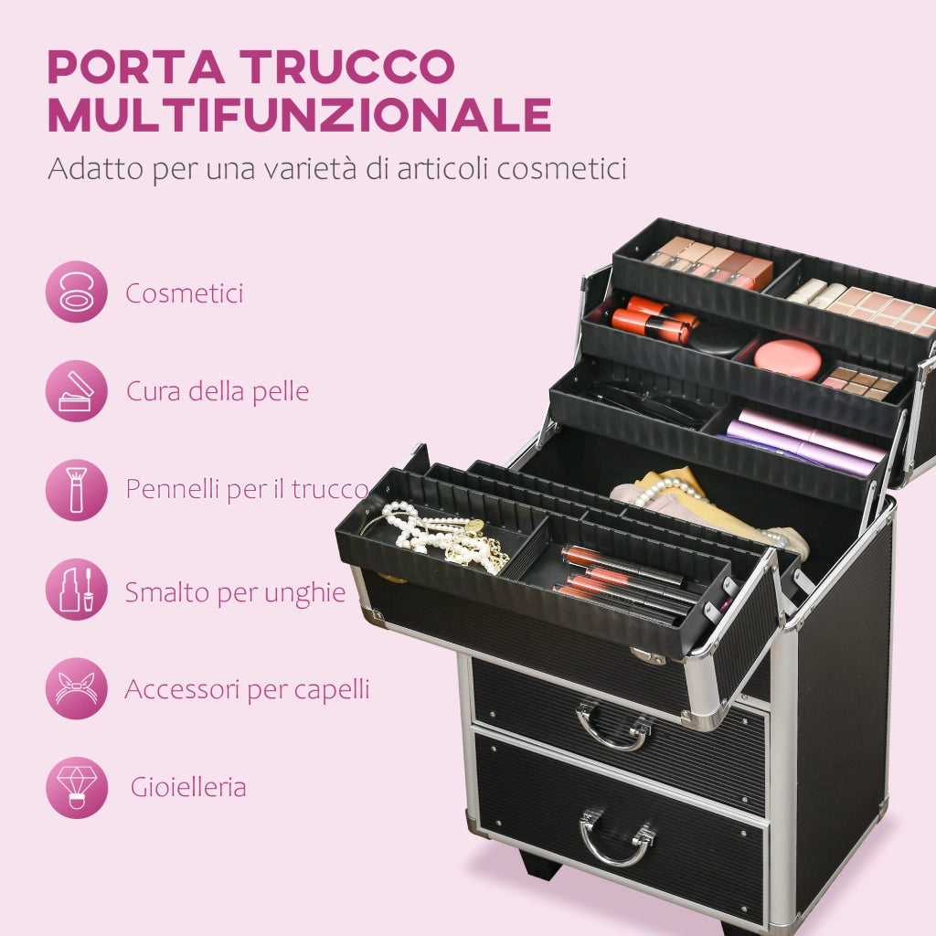 EasyComfort Trolley Valigetta Porta Trucchi Professionale, Blocco con 2 Chiavi e Ruote, Nero 36x23x52cm