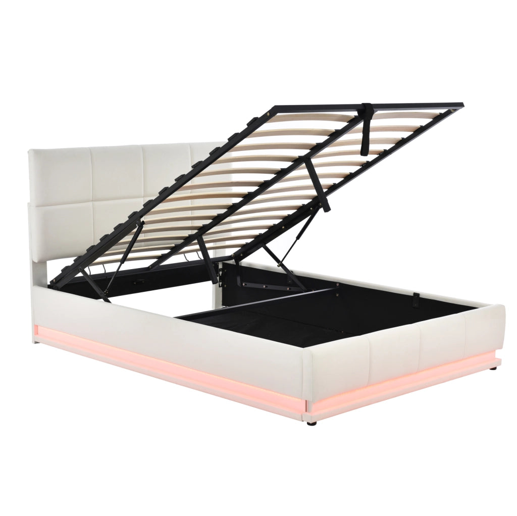 Letto imbottito 140x200 cm con LED e contenitore idraulico in MDF; metallo e pelle