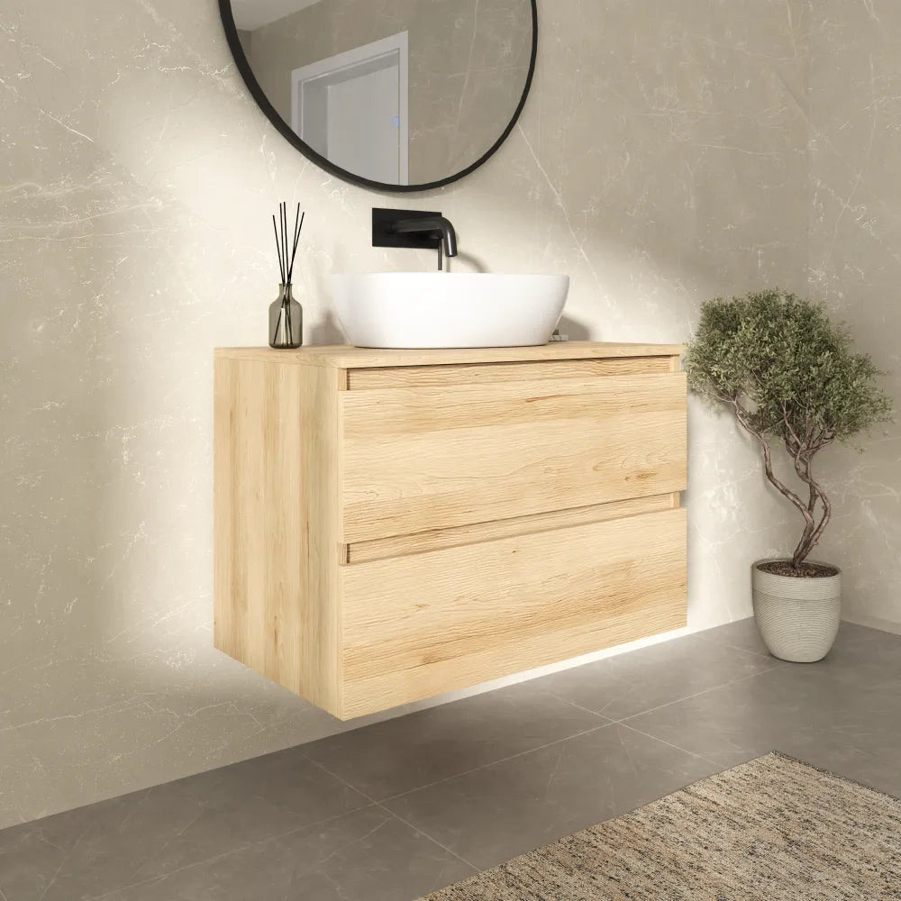 Mobile bagno sospeso 60cm due cassetti rovere chiaro stone oak con top | Hexa