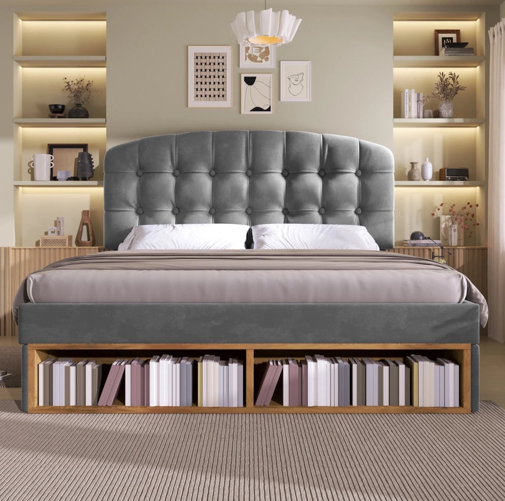 Letto imbottito 140x200 cm con testiera regolabile; cassetti e vani; velluto grigio