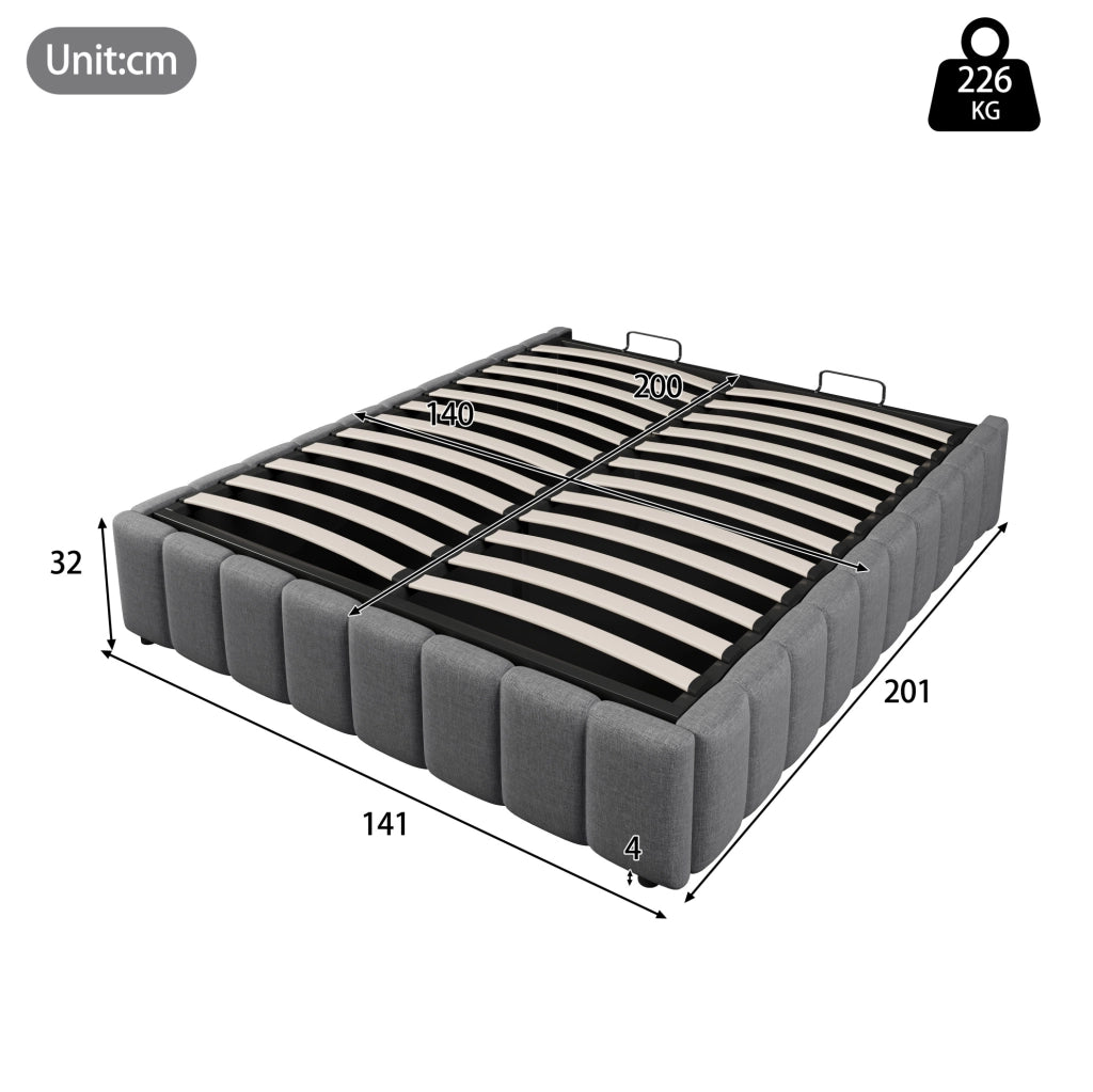 Letto imbottito 140x200 cm in lino grigio con contenitore idraulico