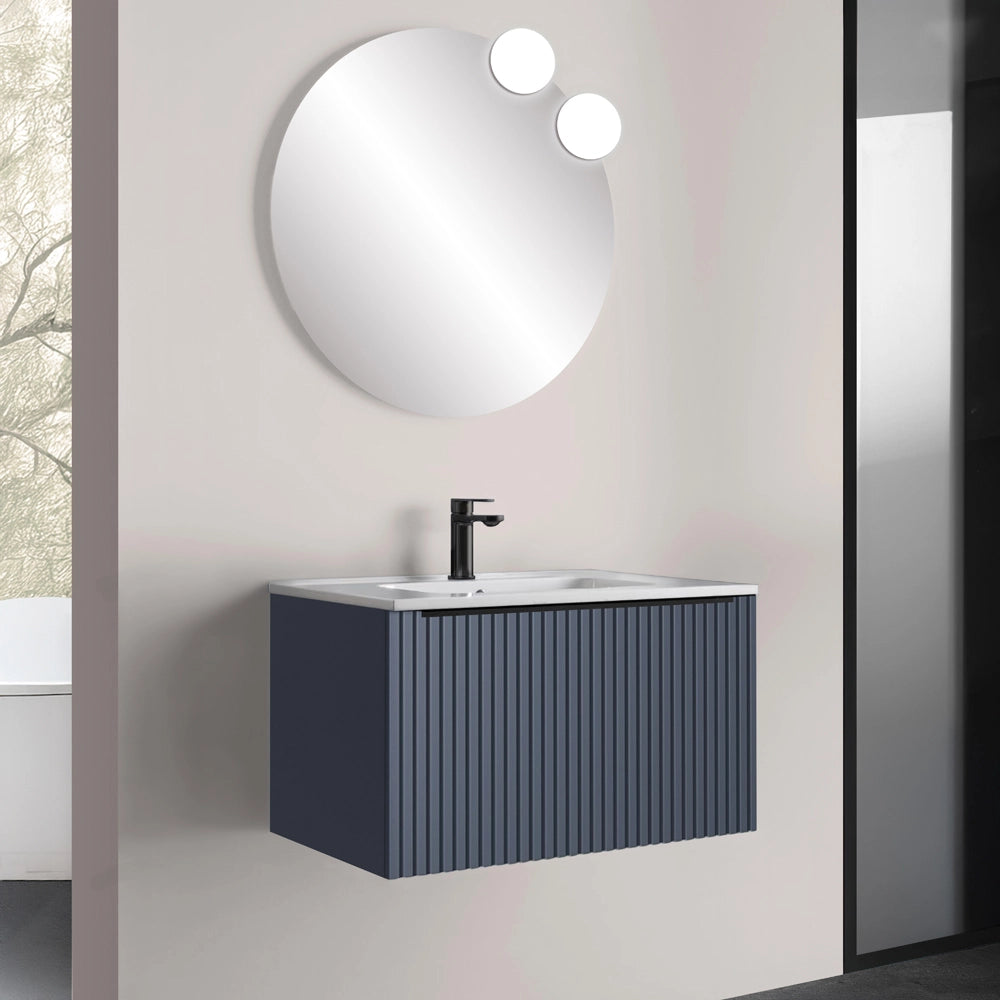 Mobile bagno sospeso 80 cm blu notte opaco cannettato con cassetto e lavabo Nara