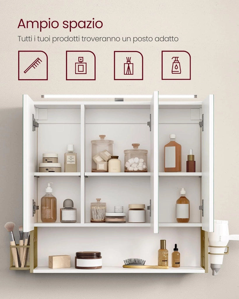 VASAGLE Armadietto da Bagno con Specchio e 3 Ante, Mobile a Parete, Cestino, Porta Asciugacapelli, Capiente, Mobiletto Bagno da Muro, Bianco Nuvola e Oro Verde Chiaro BBK124A10