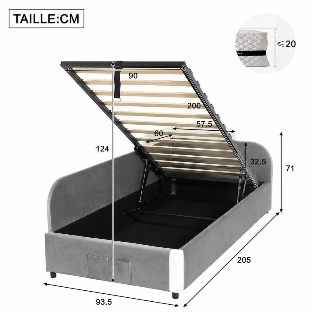 Letto per bambini imbottito 90 × 200 cm con vano contenitore idraulico in velluto e rete a doghe