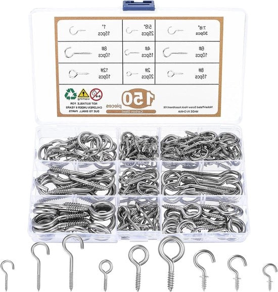 Set di 150 viti a gancio in acciaio inossidabile per appendere oggetti, lampade e decorazioni - Color argento
