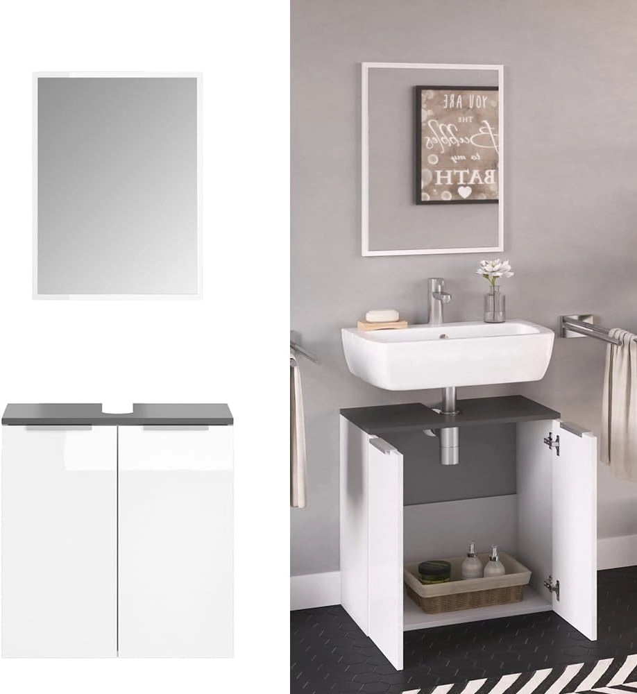 Set mobili bagno Otis, Bianco, 58 cm, composto da specchio da bagno e mobile sottolavabo