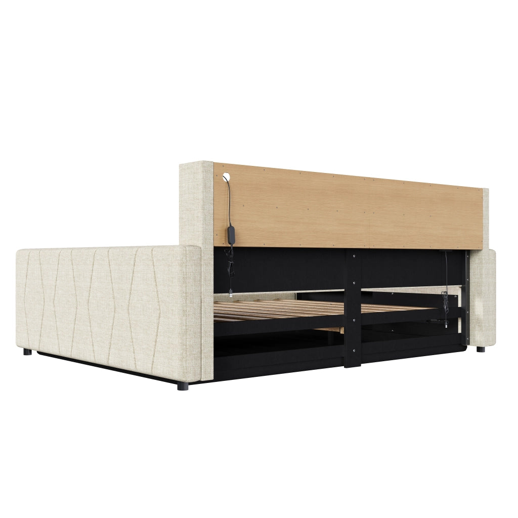 Letto contenitore 140x200 cm beige in lino e MDF con LED e prese USB