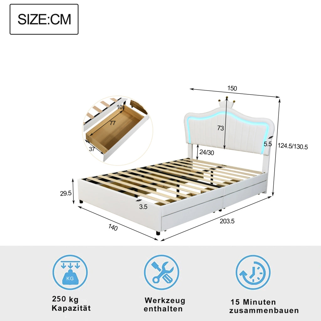 Letto per bambini imbottito 140×200 cm con 4 cassetti; LED e testiera a conchiglia; senza materasso; bianco