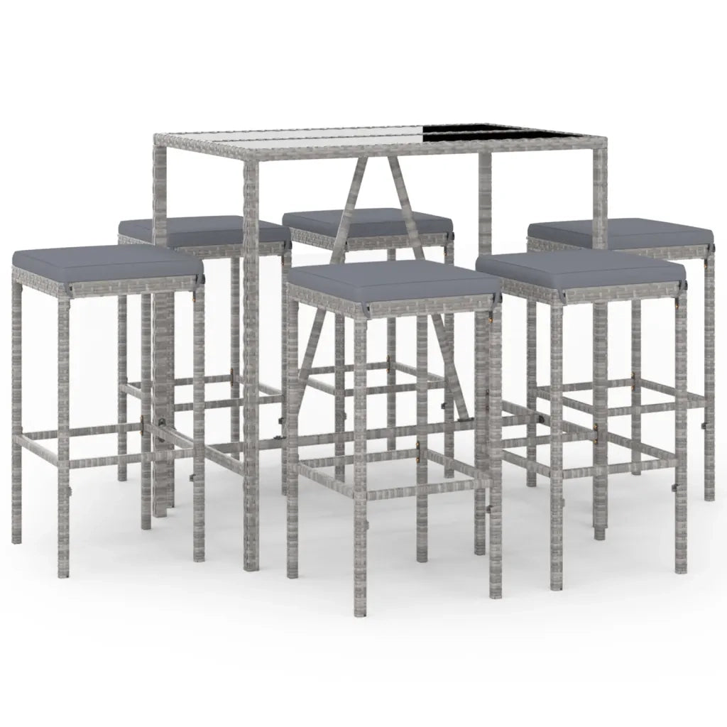 Set Bar da Giardino 7 pz con Cuscini in Polyrattan Grigiocod mxl 124625