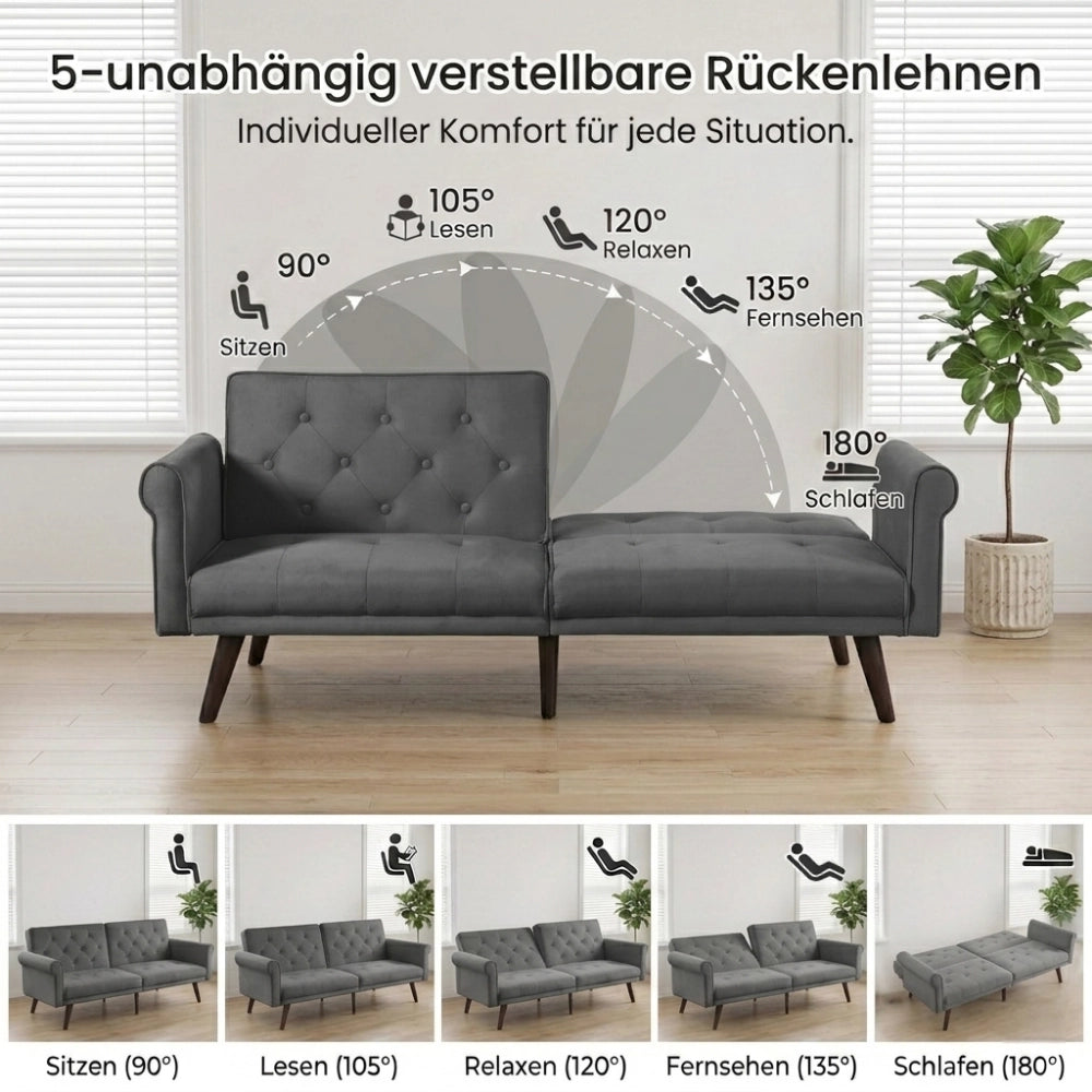 Divano letto 2 posti con schienali regolabili separatamente in 5 posizioni, velluto grigio 172 × 89 × 70 cm