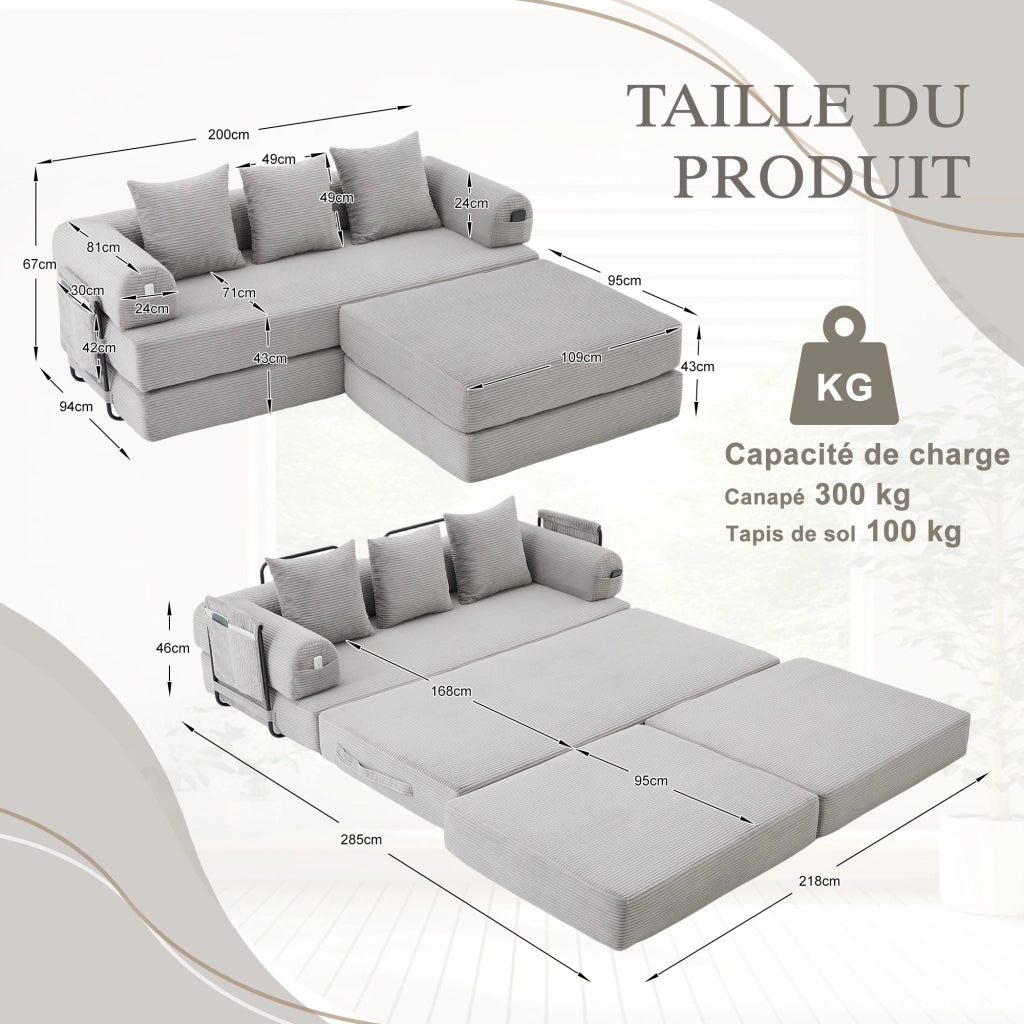 Divano modulare 3 posti - con tasca laterale e 3 cuscini - in corduroy - grigio chiaro