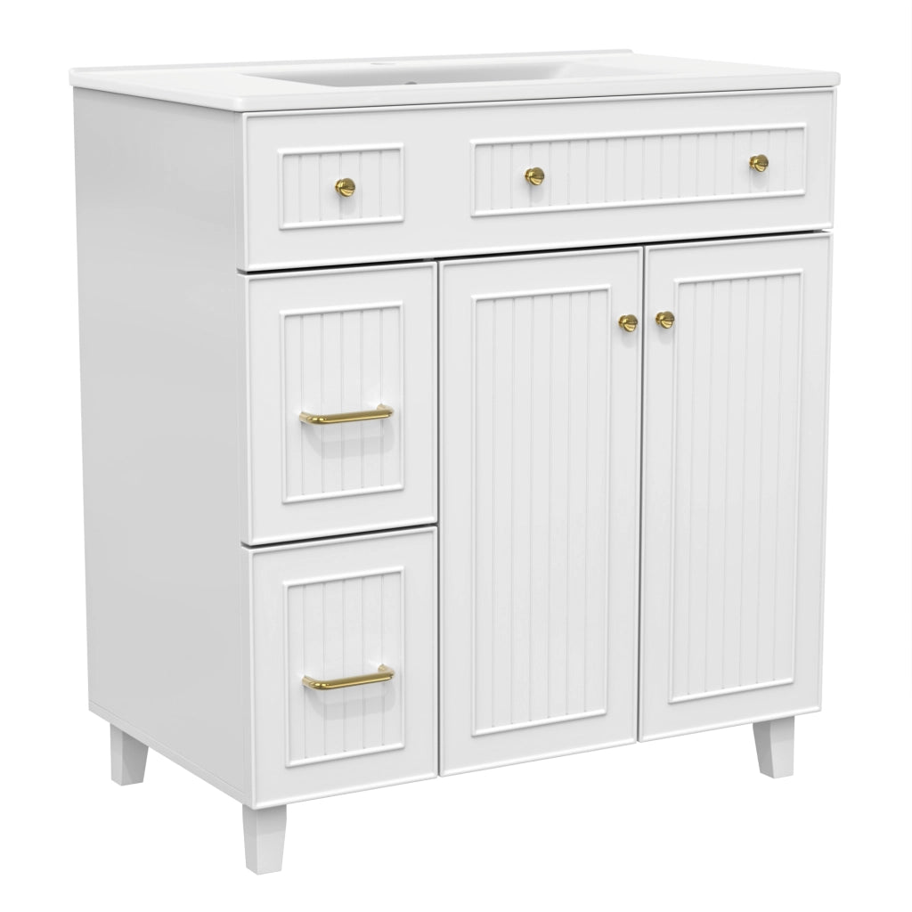 Mobile sottolavabo con lavabo in ceramica, 2 cassetti e 1 anta, piedini in legno massello, per bagno, bianco, 81,7 cm