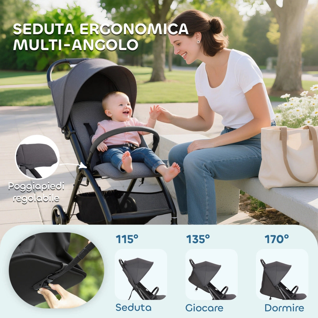 Passeggino Bambini Leggero Pieghevole ¨C zephmum ¨C Grigio Scuro con Capottina e Cestino