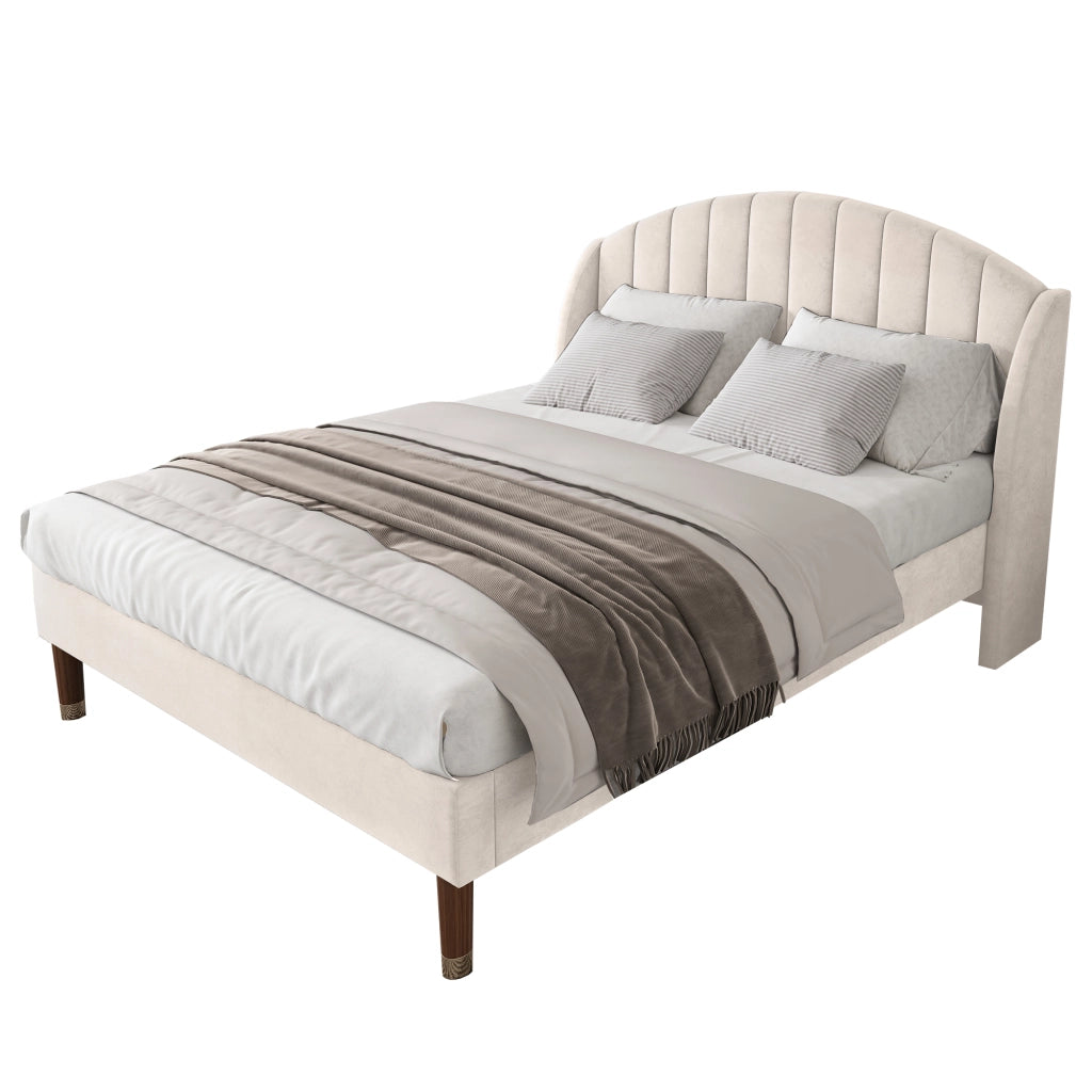 Letto Adulto 140×200 cm; Letto Matrimoniale con Testiera Imbottita; senza Materasso; in Velluto; Beige