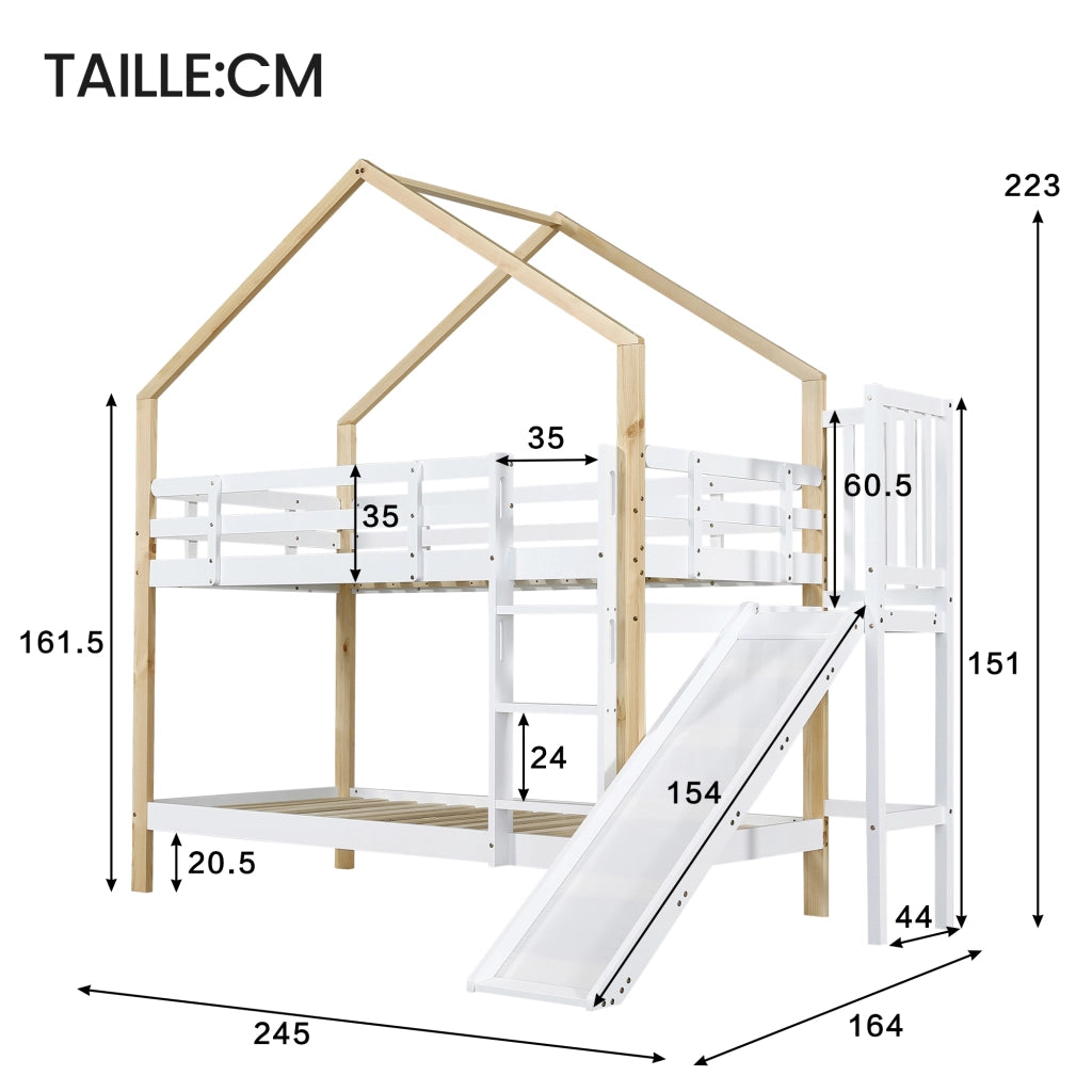 Letto a Castello 90x200 cm con Scivolo e Scala a 3 Gradini in Legno Bianco Naturale