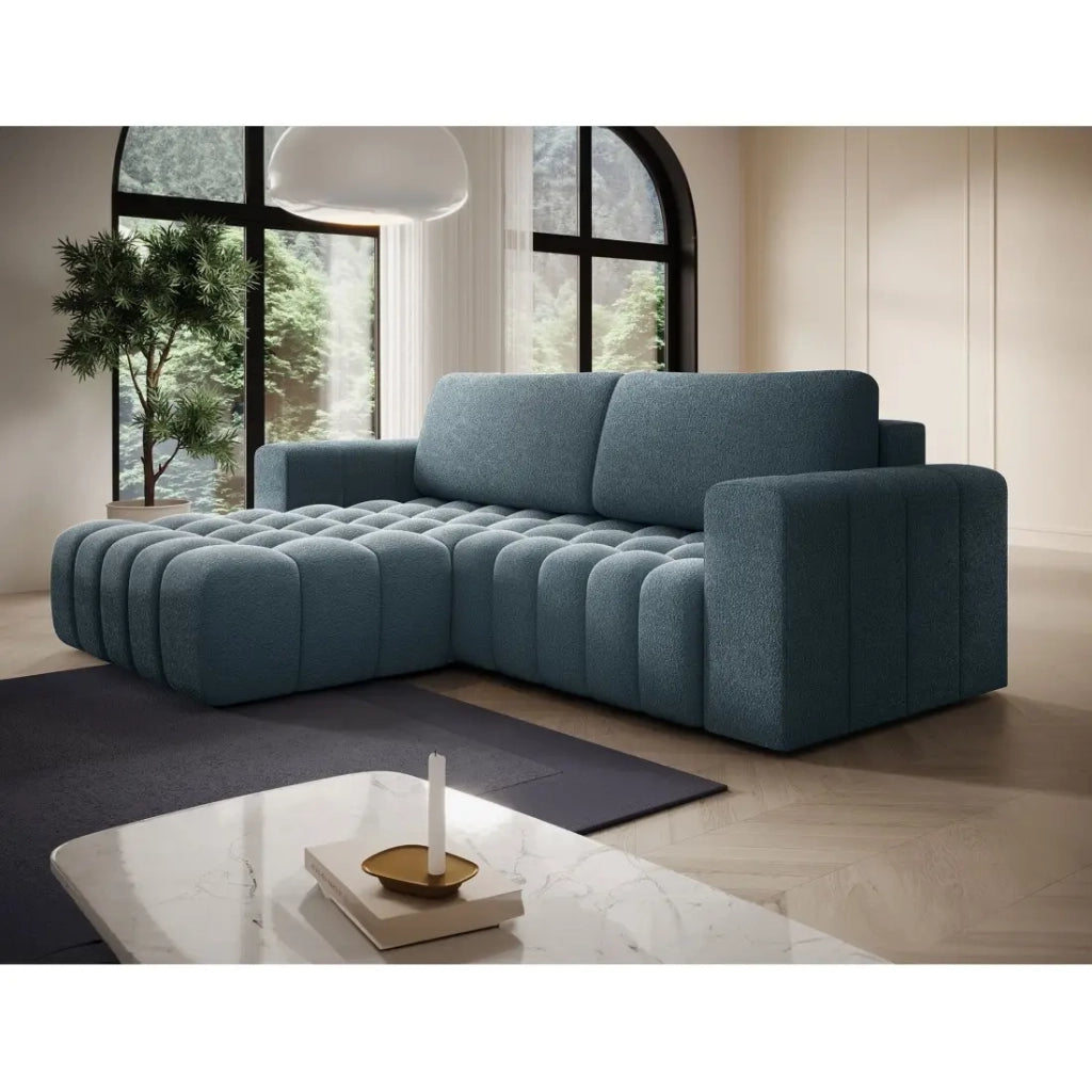 Divano angolare convertibile DORY blu notte 250 cm con vano contenitore angolo destro