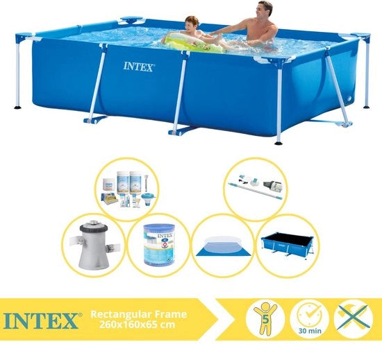 Piscina a forma rettangolare - Piscina da montare - 260x160x65 cm - Incluso telo solare Pro, set di manutenzione, pompa della piscina, filtro, telo di fondazione e aspirapolvere