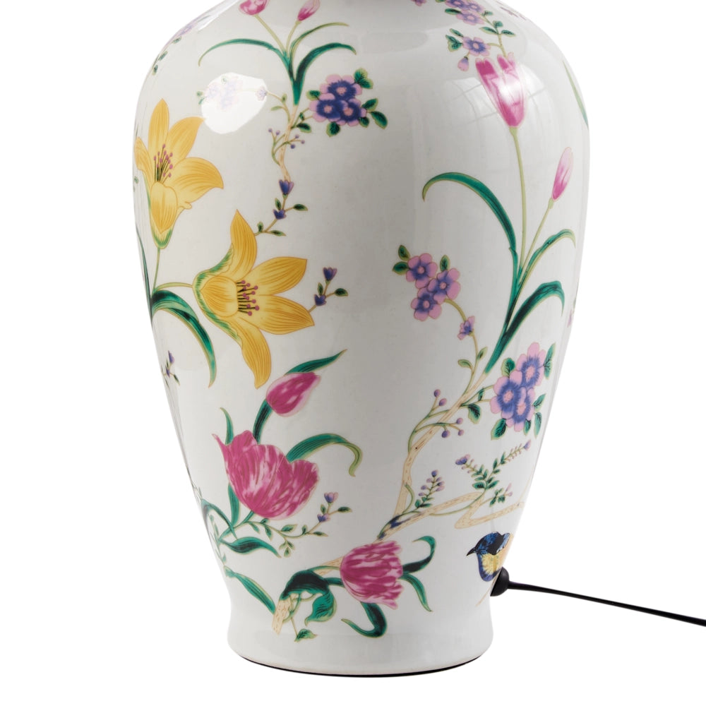 Lampada da tavolo Base in porcellana bianca Paralume a tamburo in lino con patten floreale Illuminazione elegante