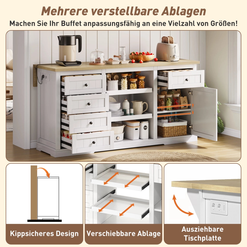 ISOLA DA CUCINA 150x65x75,5 cm Bianca/Naturale in MDF con 5 cassetti