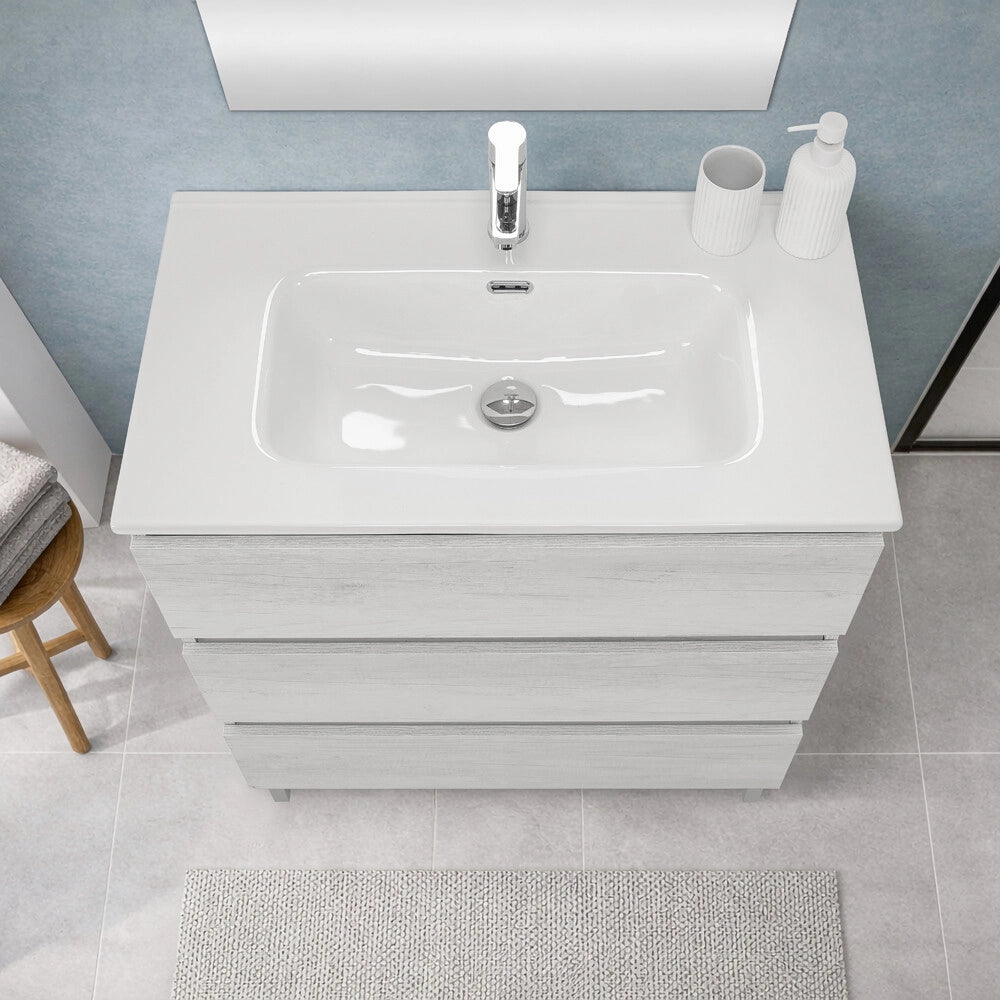 Mobile bagno a terra 100 cm in quercia bianca con lavabo e specchio Leda