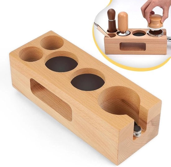 Stazione di Tamponamento 51-54 mm - Altezza Regolabile - Supporto per Pistola di Espresso - Stazione per Strainare in Legno - Accessori per Barista