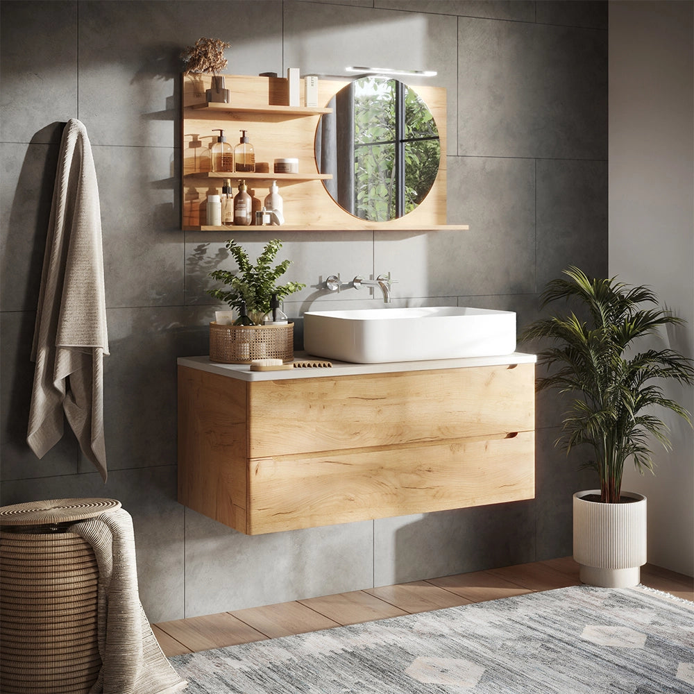 Vicco Specchio con mensola Rovere 100 x 50 cm con 3 scomparti aperti
