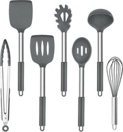 Set di 7 accessori in silicone per cucina con manico in acciaio inossidabile - rivestimento antiaderente - utensili per cucina resistenti al calore - cottura di alimenti di alta qualità