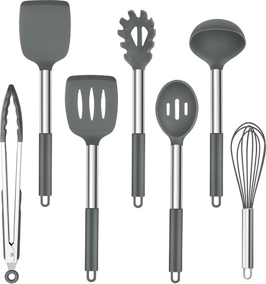 Set di 7 accessori in silicone per cucina con manico in acciaio inossidabile - rivestimento antiaderente - utensili per cucina resistenti al calore - cottura di alimenti di alta qualità