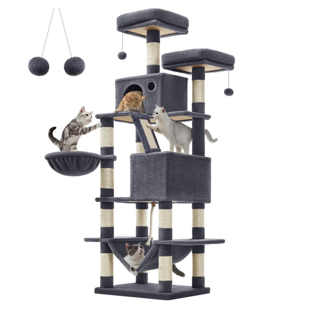 Tiragraffi grande torre gioco altezza 168 cm con 13 tiragraffi 1 tavola tiragraffi 2 piattaforme 2 nicchie cesto amaca pompon tessuto peluche multilivello grigio scuro 12_0003839