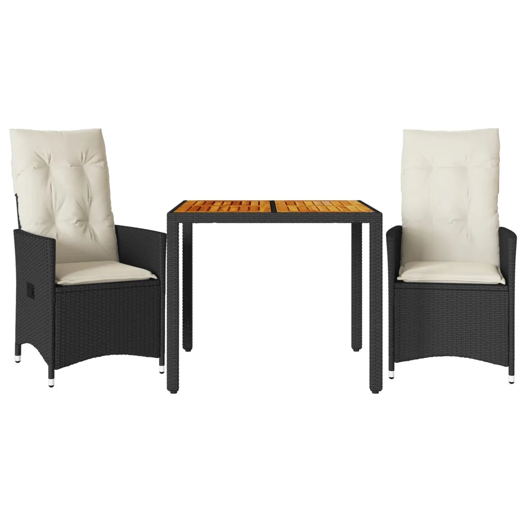 Set da BistrÃ² 3 pz con Cuscini Nero Polyrattan e Legno Acacia