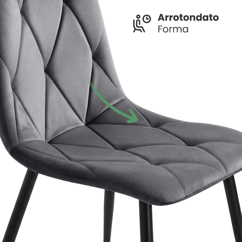 Set di 6 Sedie in velluto trapuntate MILO Grafite Scuro gambe nere