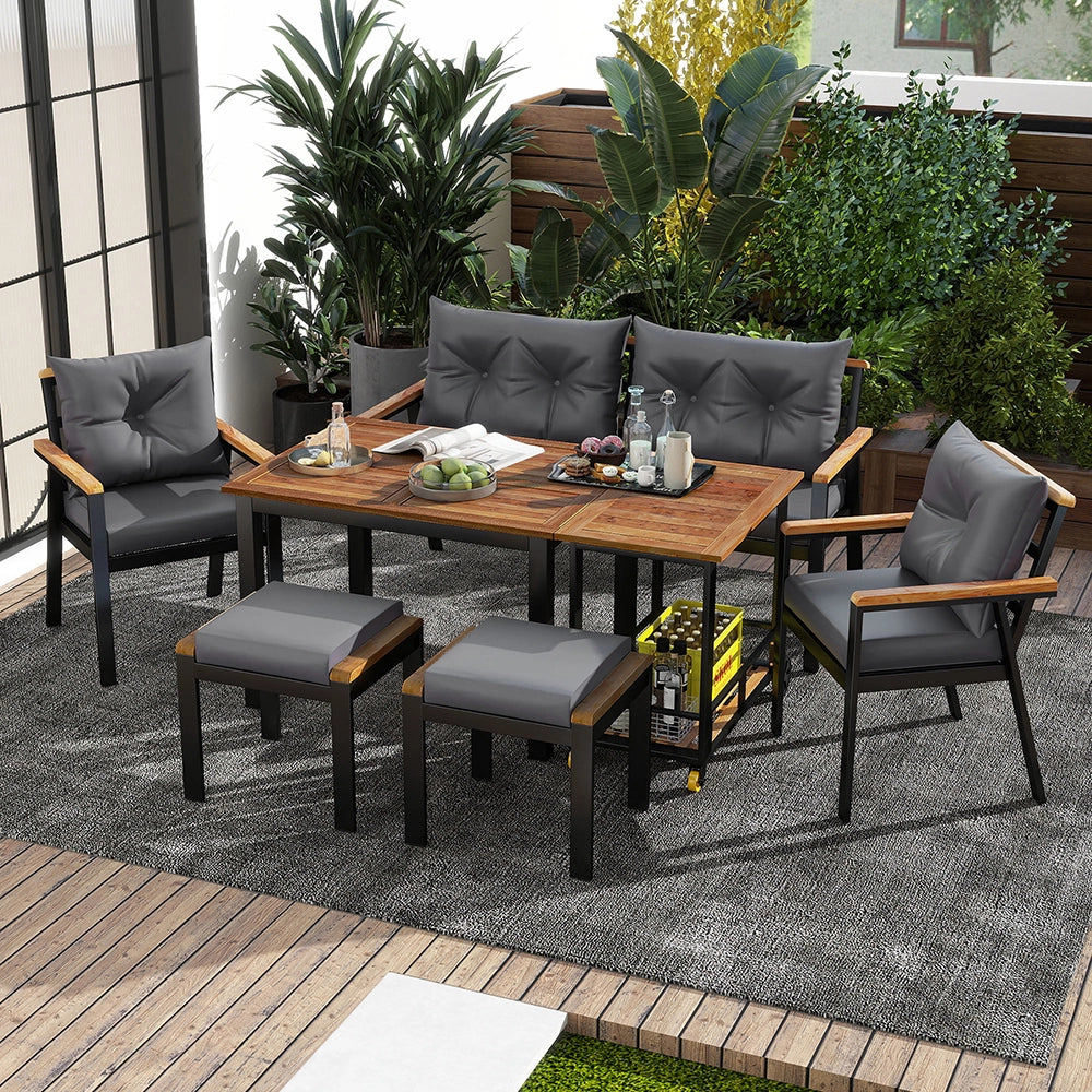 Set da giardino in acacia 6-7 posti - Xylo - Sedie + carrello pasti con fodere lavabili