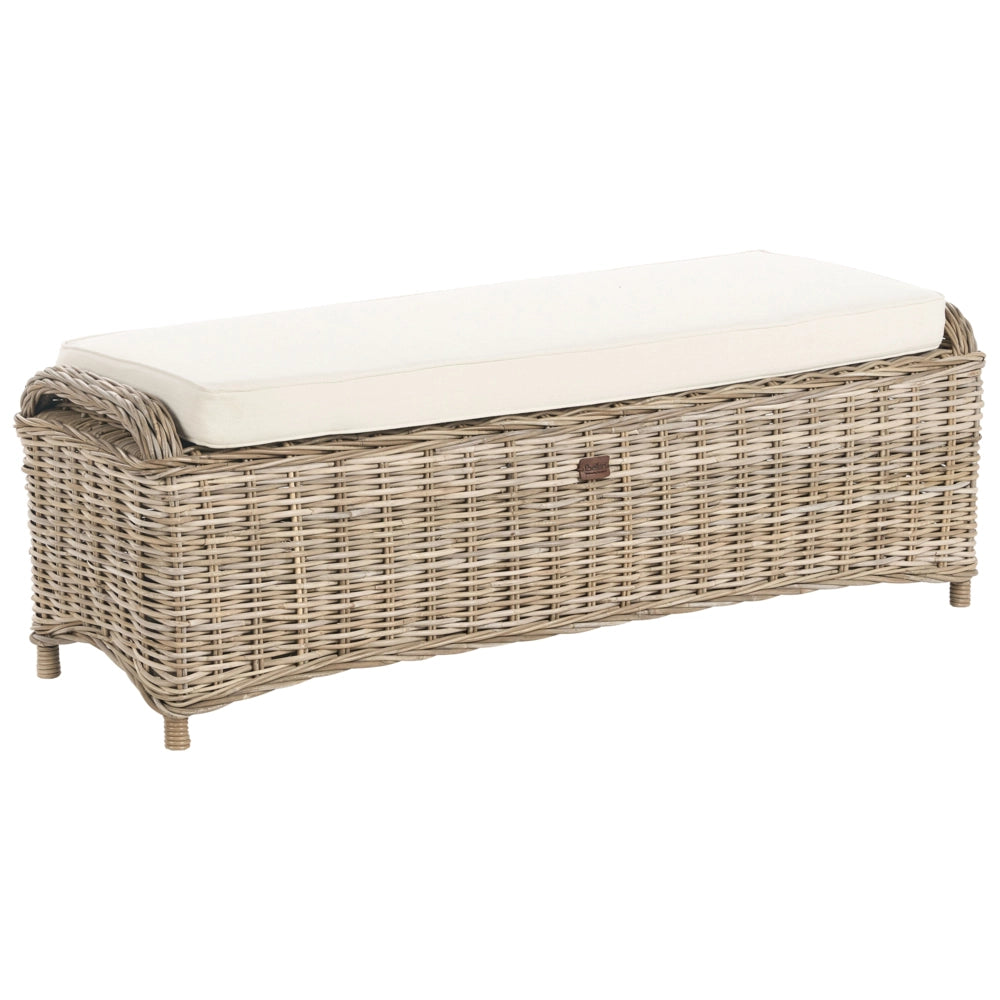 Panca 2 posti in rattan naturale con cuscini tessuto bianco sporco stile boho esterno giardino