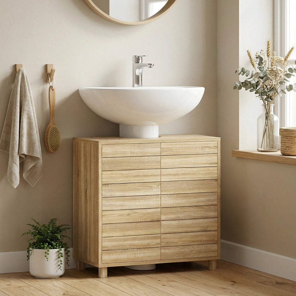 Mobile Bagno Sottolavabo con Ante a Listelli e Ripiano Regolabile ¨C Zephmum ¨C Bianco 60x30x