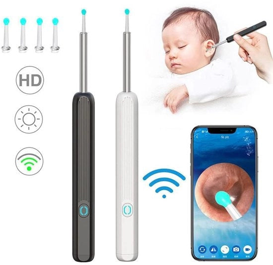 Set di Pulizia Orecchie 2 in 1 con Ottica - 1080P HD Wireless - Ottica con Luce LED - 4 Spazzole Orecchio - Adatto per Adulti - Bambini - Animali Domestici - Nero